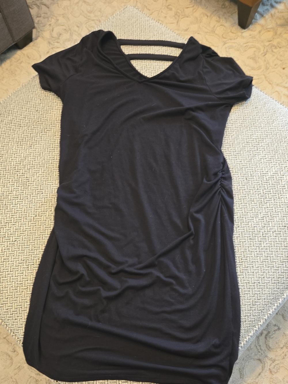 Black Short Sleeve V‑Neck Dress with Back Strap Detail